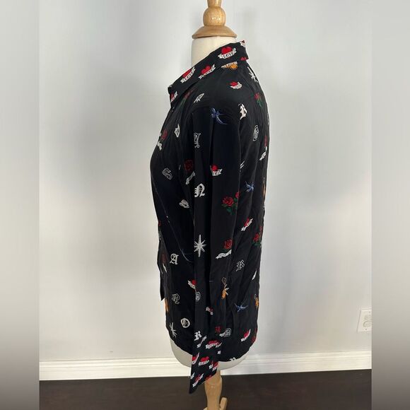 Sandro 'Mellie' 100% Silk Long Sleeve Button Up Women's Blouse With Tattoo Print - Picture 4 of 8